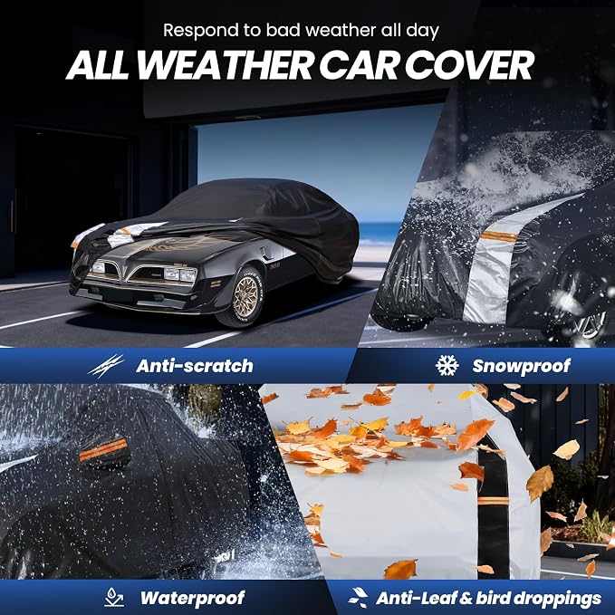 Multi-Layer Car Cover Custom Fit for Pontiac Firebird(1992-2002), 100% Waterproof All Weather for Automobiles, Gift with Towel, Heavy Duty Car Covers for Rain Sun UV Protection with Door Zipper