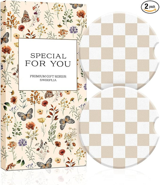 Swooflia Car Coasters for Women - White Checkered Ceramic Car Cupholder Coaster Absorbent Mat Coaster with Cork Base 2 Pack 2.55 inch Automotive Cup Holder Accessories New Driver Gifts for Decor