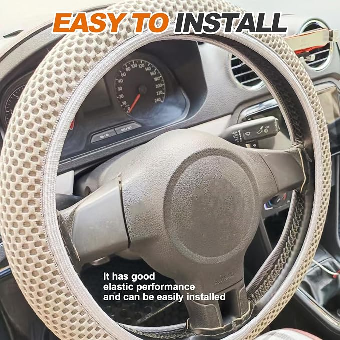Car Elastic Stretch Steering Wheel Cover, Universal 15" Automotive Steering Wheel Protector, Microfiber Ice Silk, Breathable, Anti-Slip, Easy Carry, Car Accessories for Cars/SUVs/Vans/Truck (Beige)