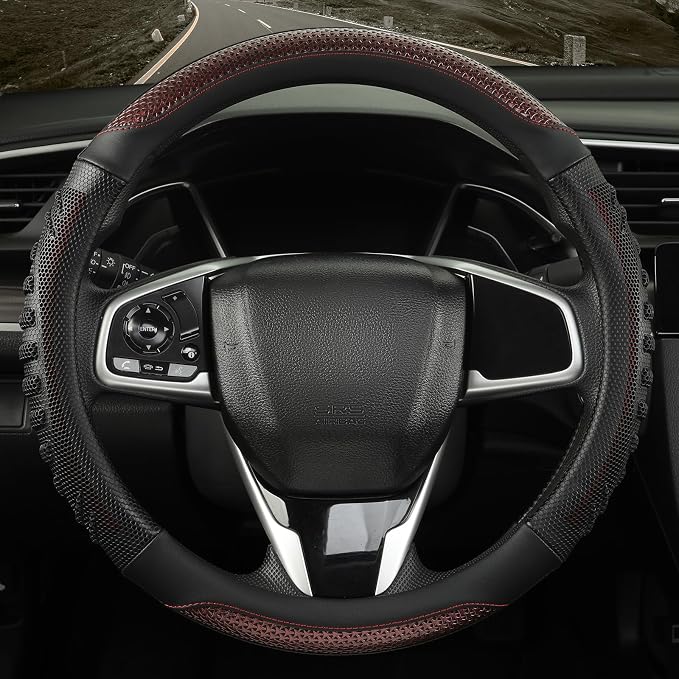 Anti-Slip Silicone Steering Wheel Cover Great Grip with 3D Honeycomb | Sporty Design Large 16 inch for F150 F250 F350 Model S X Ram 4Runner Tacoma Tundra Range Rover, Black with Burgundy
