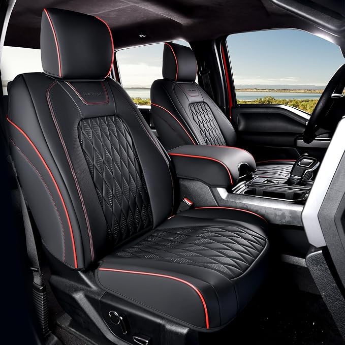 Coverado Leather Seat Covers Full Set for Ford F150F250F350F450(2015-2026)Waterproof Automotive Cushion Covers for Pick-Up Trucks Custom Fit for F150 SuperCrew&F250–F450 Super Duty Crew Cab(Red Line)