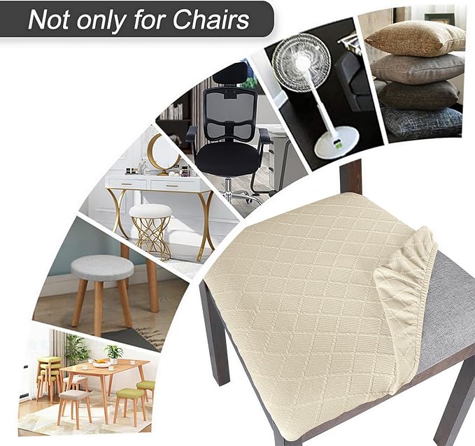 SearchI Seat Covers for Dining Room Chairs Stretch Jacquard Chair Seat Covers Set of 6, Removable Washable Upholstered Chair Seat Protector Cushion Slipcovers for Kitchen, Office(Beige Rhombus)