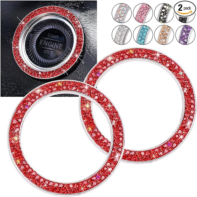 ToBeQueen Push Start Button Bling Rings Auto Car Engine Start Stop Button Sticker Emblem,Rhinestone Bling Red Car Accessories Decor for Women 2 Pcs,Red