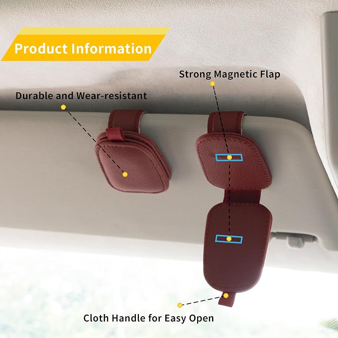 Yuoyar Magnetic Leather Sunglasses Holder for Car, 2 Packs (Red) | Magnetic Car Visor Accessories