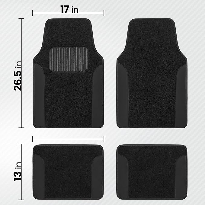 BDK Carpet Floor Mats for Cars, Two-Tone Carpet Car Mat with Faux Leather Accents, Automotive Floor Mat Sets with Built-in Heel Pad, Stylish Interior Car Accessories Black