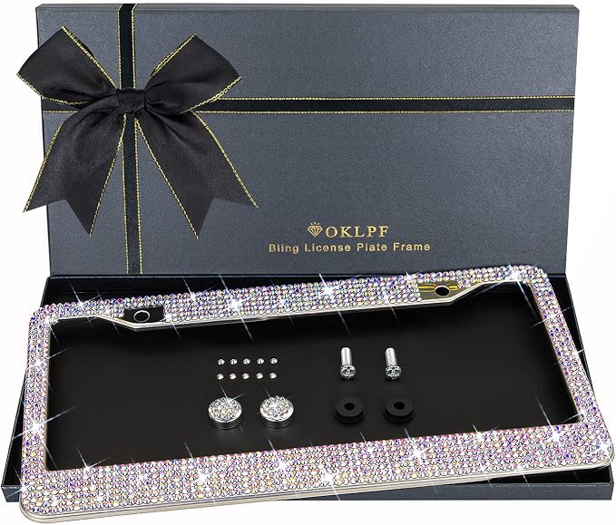 Bling License Plate Frame for Women, Sparkly Stainless Steel License Plate Frames| Over 1200 pcs 14 Facets Bedazzled Clear Glass Diamond Rhinestone Crystals w/Free Glitter Diamond 1PCS Box (Colorful)
