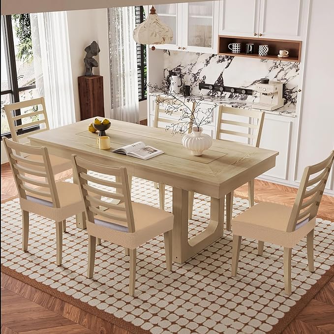 Smiry Waterproof Seat Covers for Dining Room Chairs Set of 6, Stretch Jacquard Removable Washable Chair Seat Slipcovers Protector, No Rear Covers, Camel