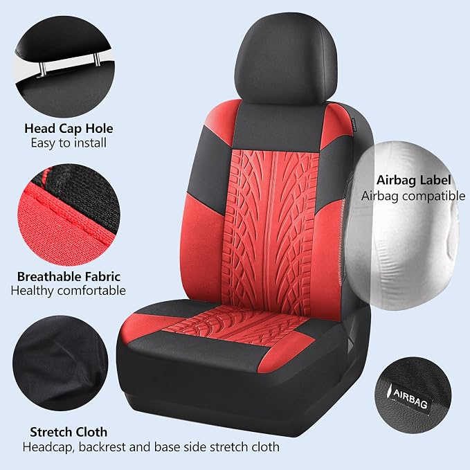 HChengkikz Car Seat Cover, Cloth and Washable (Black + Red) | Breathable, Airbag compatible, Easy to Install, Universal Fit for Most Cars, Sedans, Truck, SUVs