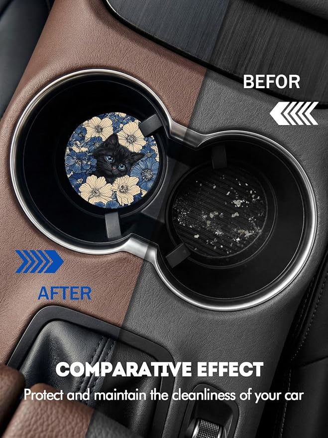 WOCOCN Car Coasters for Cup Holders - 2 Pack 2.75" Universal Rubber Car Cup Coaster, Non-Slip Waterproof Car Interior Accessories, Cute Car Decor Gifts for Women and Men (Flowers & Cats)