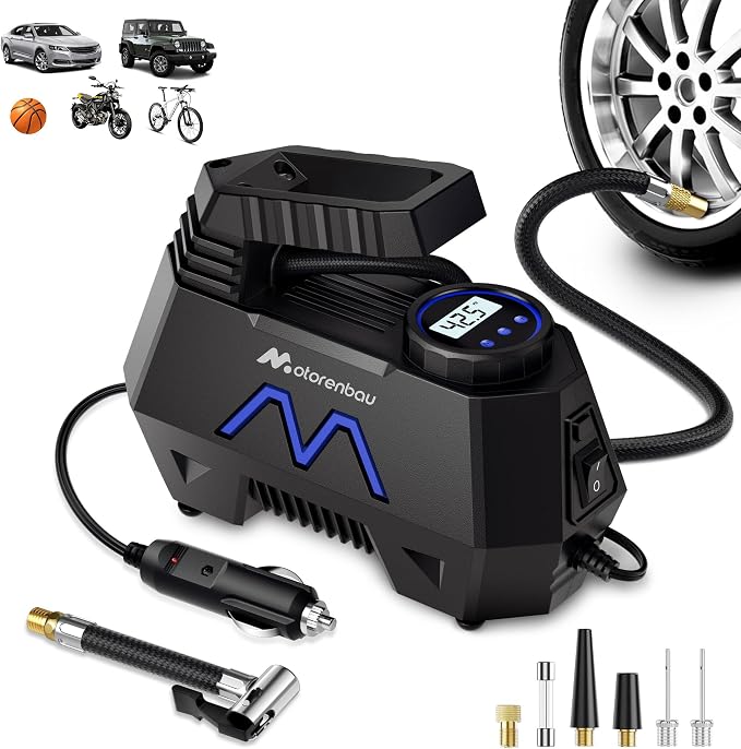 Tire Inflator Portable Air Compressor, Air Pump for Car Tires, 9.84Ft Cord-12V DC-Powered Auto Pump with Digital Pressure Gauge, LED Light-Car Accessories for Car, Motorcycles, Bicycle, Ball, Balloons