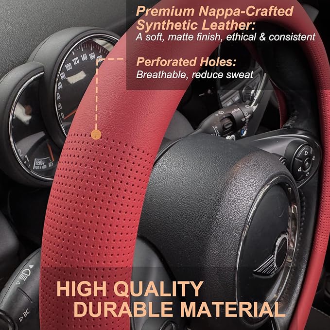 PINCTROT Large Size Nappa Leather Steering Wheel Cover, Slim Fit No Bulk Design, One Piece Leather with Breathable Perforation, Fit Like Gloves, 15.5-15.75 Inch(Nappa Rust Red)