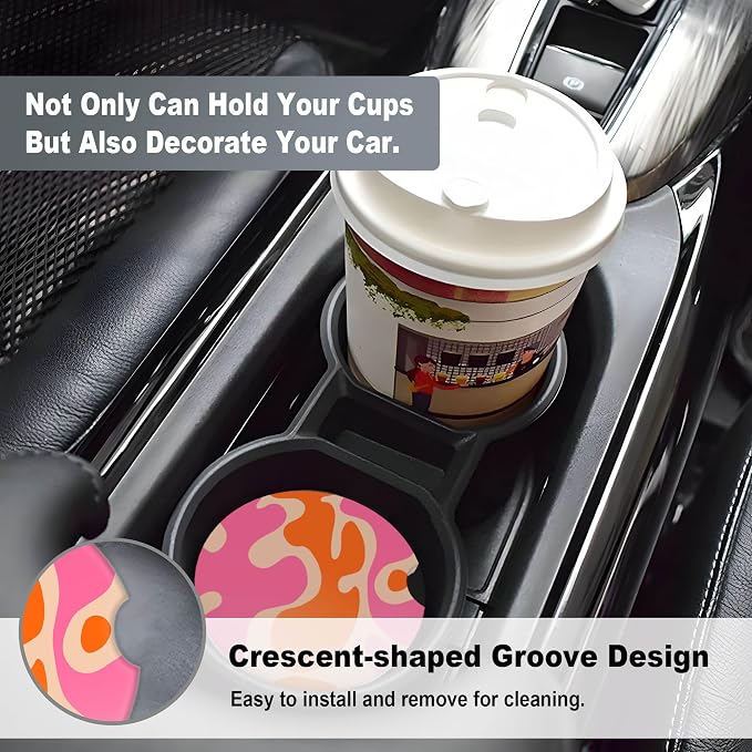 2 Pack Car Coasters for Cup Holders, 2.56" Universal Absorbent Ceramic Stone Car Cup Holder Coasters with Non-Slip Cork Base, Car Interior Accessories for Women Men(Pink Modern Abstract)