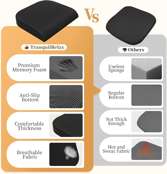 TranquilRelax Memory Foam Seat Cushion for Office Chair, 3-Inch Height Boost, Ergonomic Firm Support for Long Sitting, Non-Slip Chair Pad for Car Seats & Short Drivers