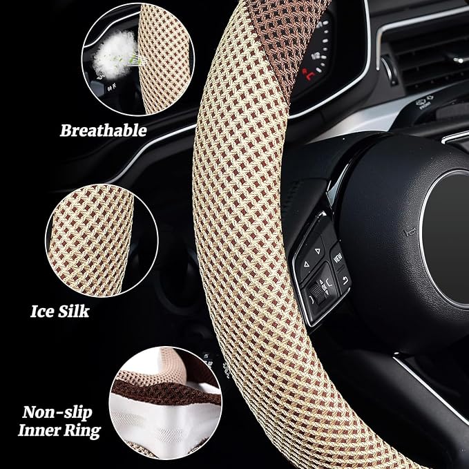 ZHOL Steering Wheel Cover Universal 15 inch Microfiber Breathable Ice Silk Steering Wheel Covers Anti-Slip Car Interior Accessories for Women Men, Warm in Winter and Cool in Summer, Beige&Brown