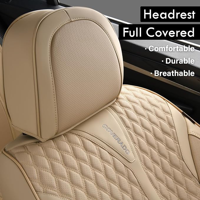 Coverado Car Seat Covers Full Set, Waterproof Nappa Leather Seat Covers for Cars, Front and Back Car Seat Protector, Luxury Car Seat Covers, 5 Seats Universal Beige Car Seat Cover Fit for Most Cars
