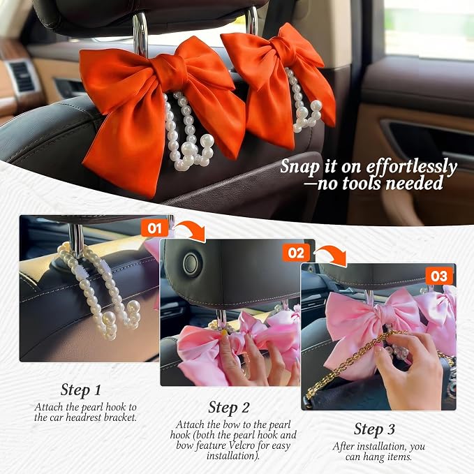 2PCS Satin Bow Pearl Car Seat Headrest Hooks – Car Bag Holder & Vehicle Hanger for Purses – Cute Coquette Aesthetic Interior Decoration – Cute Auto Organizer Accessories Universal (Orange)
