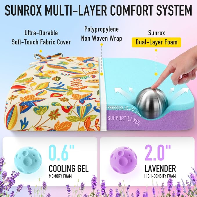 SUNROX Cooling Gel Memory Foam Chair Cushions, 2.6" Thick U-Shaped Dual-Layer Comfort Dining Chair Pads, Non Slip Seat Cushion with Ties for Indoor Kitchen Office 17"x16" Set of 4, Beige Floral Leaf