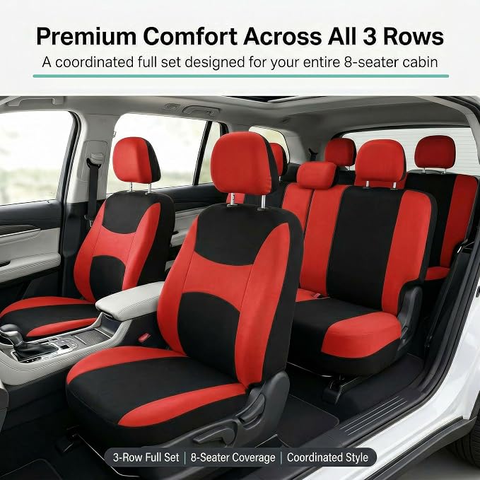 FH Group Universal Automotive Seat Covers 8 Seater Set | Light & Breezy Flat Cloth Washable Car Seat Cover for SUV, Sedan, Truck | Airbag Compatible Interior Upgrade - Red/Black