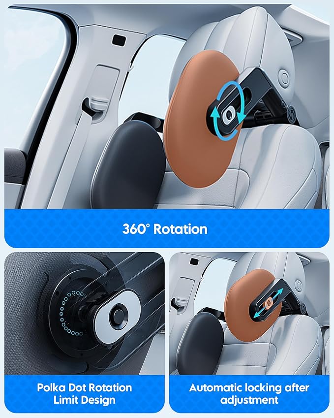 RunSnail Car Headrest Pillow, 360° Rotating Travel Headrest, Memory Foam | 3-Point Linkage Adjustable Design, Thickened Breathable Memory Foam, Travel Car Sleeping Pillow for Kids & Adults