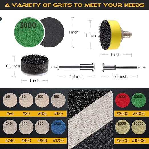 185 PCS 1 Inch Wet Dry Sanding Discs 60-10000 Grit Hook and Loop Sandpaper | Rotary Tool Accessories with 1/8" 1/4" Shank, Backing Pad, Foam Sanding Pads for Auto Metal Glass Resin Wood Jewelry