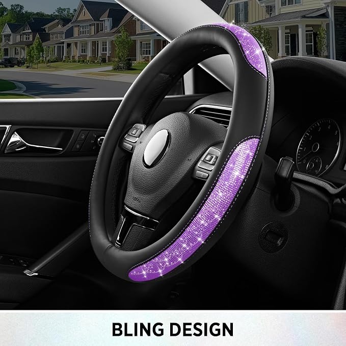 Road Comforts Pixel Glitter Steering Wheel Cover, 14.5–15 Inch Leather Steering Wheels Snug Fit, Anti-Slip Leather Grip, Elegant Sparkle Design, Universal Fit - Purple