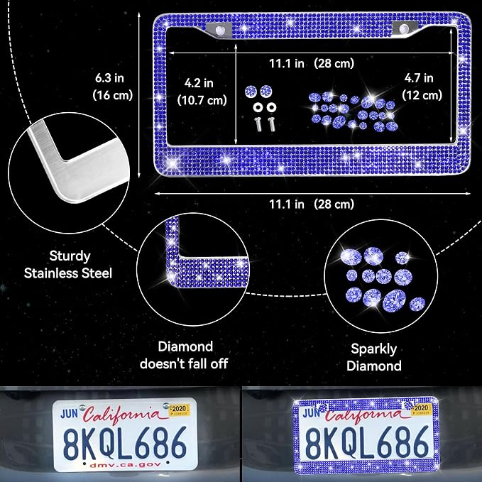 CAR PASS 30 PCS Bling Diamond Car Accessories Set for Women, Bling Steering Wheel Covers 15 Inch, Shining Rhinestone License Plate Frame, Sparkly Phone Holder, Cute Interior Set Decorations, Blue