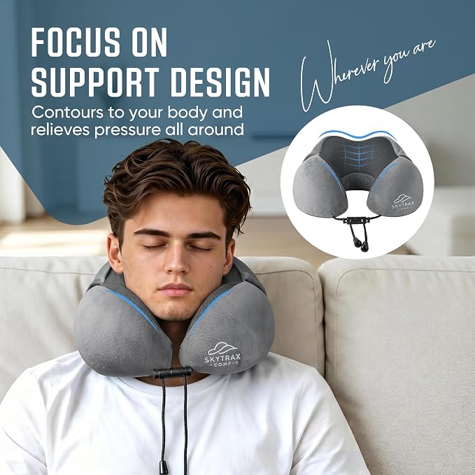 SkytraxComf® Travel Neck Pillow with Hood for Privacy on Long Flights | Memory Foam | Airplane Sleep | Safety-Tested Materials | Extra Large Hood | Chin Support | Earplugs | Washable Cover