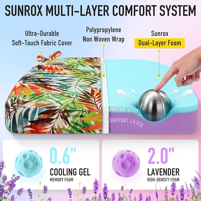 SUNROX Cooling Gel Memory Foam Chair Cushions, 2.6" Thick U-Shaped Dual-Layer Comfort Dining Chair Pads, Non Slip Seat Cushion with Ties for Indoor Kitchen Office 17"x16" Set of 4, Bamboo Palm