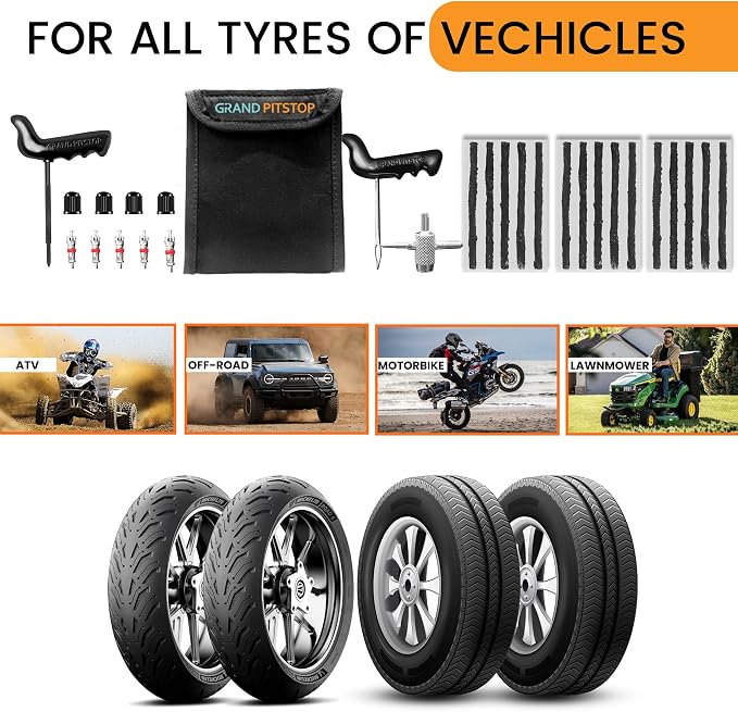 GRAND PITSTOP 27 Pcs Universal Tire Repair Kit, Heavy Duty Car Emergency Tool Kit for Flat Tire Puncture Repair, Compact Kit for Autos, Cars, Motorcycles, Trucks, RVs, etc. (15 Strips)