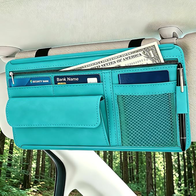 Car Sun Visor Organizer, Visor Accessories, Leather Sunvisor Pocket Organizer Case with Multi-Pocket Net Zipper, Waterproof Auto Sunshade Organizer Bag for Card Pen Sunglasses Document (Blue)