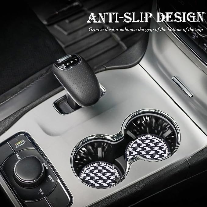 2PCS Sparkly Bling Car Cup Holder Inserts – 2.75 Inch Soft Silicone Coasters, Anti-Slip & Shockproof, Cute Vehicle Accessories for Women Girls (Houndstooth)