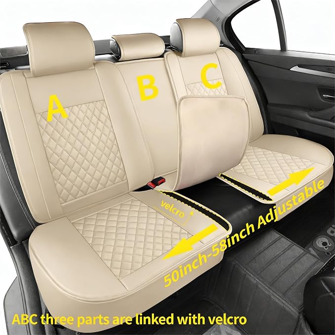 Light Beige Thick Nappa Leather Automotive Car Seat Covers Full Set | Univerasal Precision Fit,Lumbar Support,3D Contoured,Waterproof,ThickTexture,for most Suvs Trucks Sedans