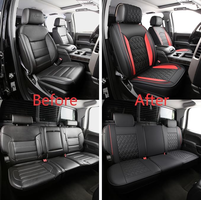 JOJOBAY Chevy Silverado Seat Covers,Leather Seat Covers for GMC Sierra,Custom Fit 2007-2026 1500 2500HD 3500HD Crew Double Extended Regular Cab,LT LZT RST Trail Boss(Full Set,Black Red)