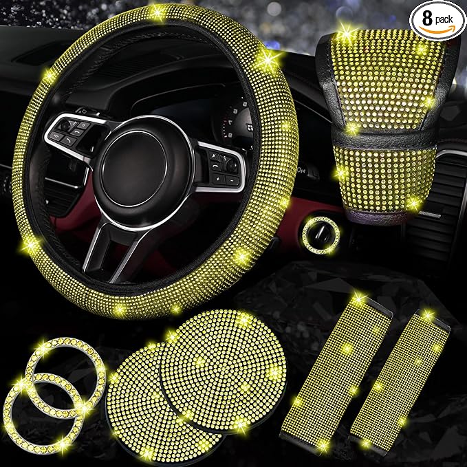 NBTEPEM 8 pcs Yellow Bling Car Accessories Set for Women, Steering Wheel Cover, Sparkly Seat Belt Covers, Bling Gear Shift Cover, Universal Fit Most Cars (Yellow Diamond)