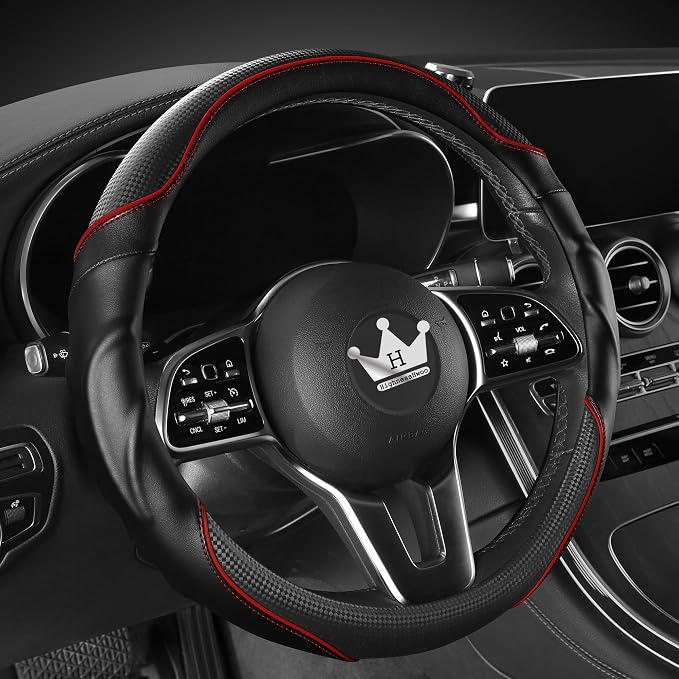HighnessHwoo 3D Car Steering Wheel Cover Comfort Grip Massage Sporty Anti-Slip Carbon Fiber Faux Leather for Sedan SUV, Universal Fit, Car Handle Covers for All Seasons, 14.75-15.15in, Red