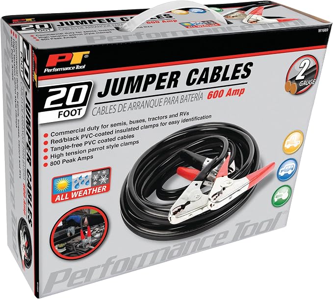 Performance Tool W1669 20' Commercial Duty 2-Gauge 800 PEAK AMP All Weather Jumper Cables for Tractors, Semis, Buses, and RVs