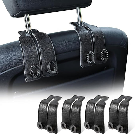 Car Headrest Hooks Universal Car Purse Hook Premium Leather and Alloy Twin Hook Car Seat Back Storage Hanger Hook for Purse Bags Cloth Drink Durable Holder Car Accessories (BH09-Black-Black-4 Pcs)