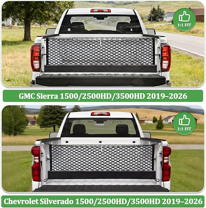 3-Layer Cargo Net for Chevrolet Silverado, GMC Sierra 1500/2500HD/3500HD 2019-2026, Truck Bed Net Organizer with Zipper Bag, Heavy Duty Oxford Storage Net for Groceries with Carabiners