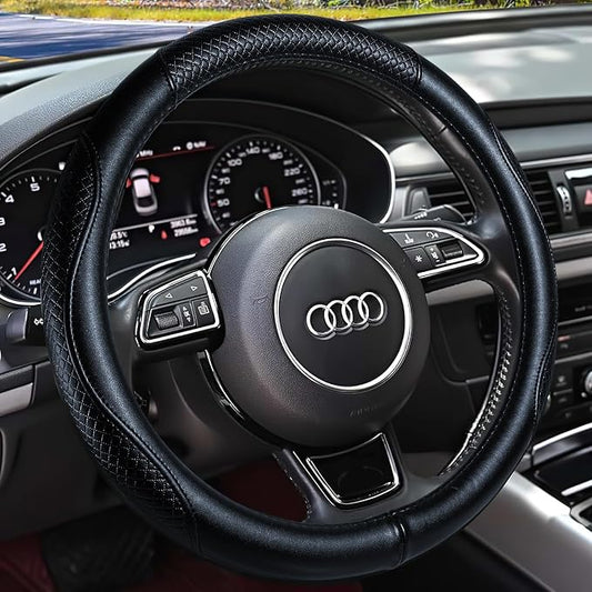 Haokay Heavy Duty Pure Cowhide Steering Wheel Cover, Genuine Leather Steering Cover with 15 Inches Universal Fit