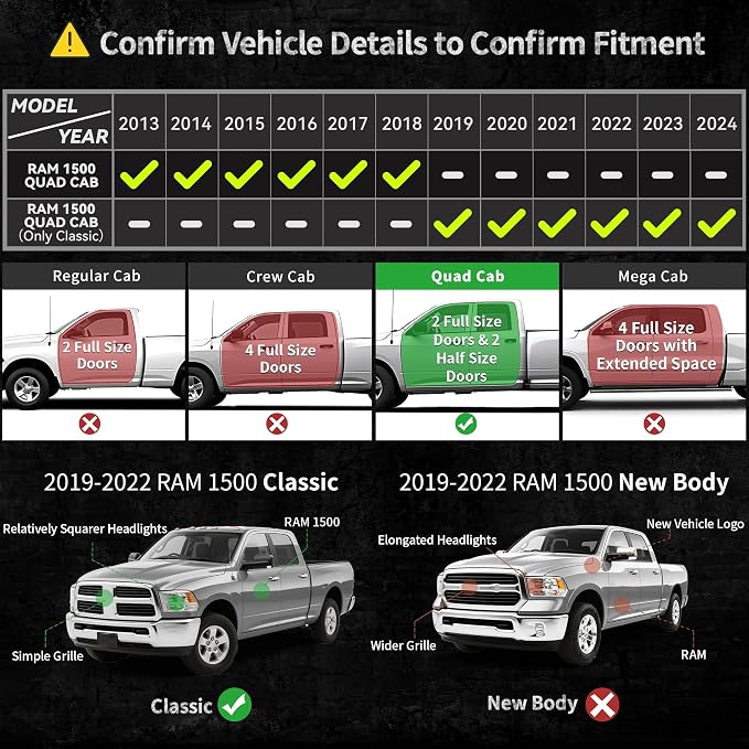 OEDRO Upgraded Custom Floor Mats Fit for 2013-2018 Dodge Ram 1500 Quad Cab, 2019-2024 Dodge Ram 1500 Classic Quad Cab (NOT for New Body), All Weather Front & 2nd Seat Floor Liners