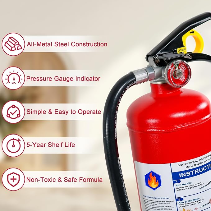 5 lb ABC Dry Chemical Fire Extinguishers, 2A:10B:C Rating with Quick Release Handle, Suitable for Electrical, Grease, Wood & Liquid Fires, for Home, Business, Boat, Truck & Car