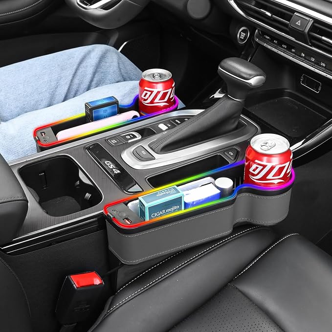 7 Color Led Car Seat Gap Organizer with 56W Type C USB Charging | Multifunctional Front Seat Organizer with Cup Holder Console Organizer Seat Gap Filler with Vibe Lamp for Andriod iPhone Grey