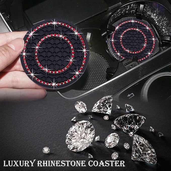 4PCS Bling Crystal Rhinestone Cup Holder Coaster, 2.75 inch Soft Silicone Anti-Slip Shockproof, Car Cup Holder Insert Coasters, Universal Car Interior Accessories for Women (Black & Red)