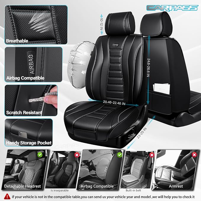 CAR PASS Universal Fit Piping Leather Seat Covers for Cars SUV Trucks, Waterproof Nappa Leather Car Seat Covers Full Set, 3D Foam Cushions Seat Cover Luxury&Comfort&Durable Airbag Compatible, Black