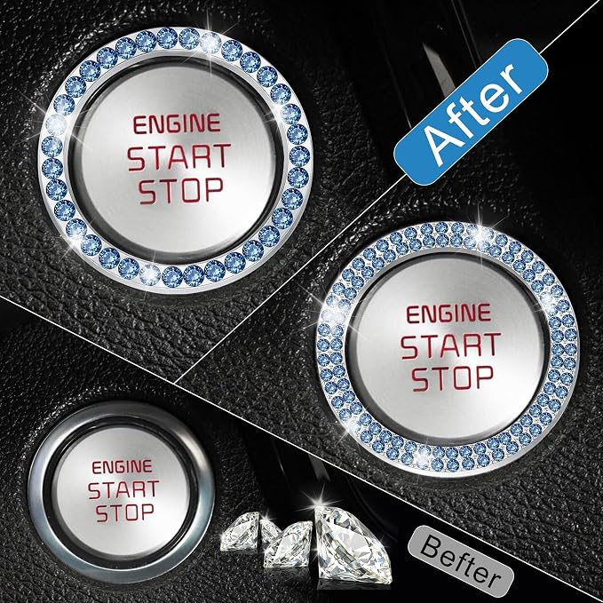 LivTee 2 PCS Crystal Combinatorial Rhinestone Car Engine Start Decoration Ring, Push to Start Button Cover Sticker, Bling Car Interior Accessories for Women, Automotive Decals, Light Blue