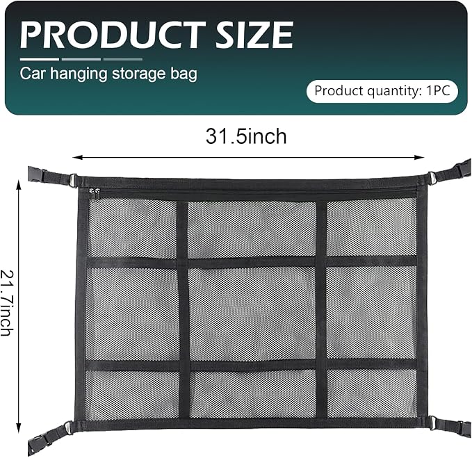 Car Ceiling Cargo Net, 31.5" x 21.7" Double-Layer Ceiling Cargo Net, Car Overhead Storage Mesh Organizer for Camping Overlanding, Universal Overhead Net for Truck, SUV, Van