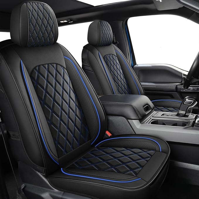 MIROZO Front Ram Seat Covers, Leather Truck Seat Covers Waterproof Car Seat Protector Compatible with 2009-2026 RAM 1500/2500/3500 Crew Quad Cab Pickup Cushions (2 PCS Front,Black and Blue)