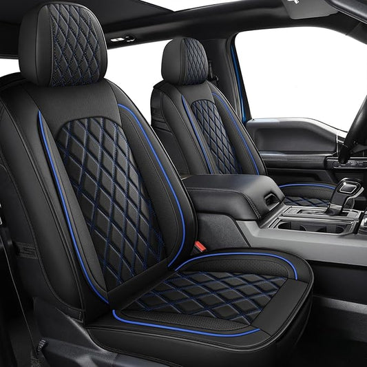 MIROZO Front Ram Seat Covers, Leather Truck Seat Covers Waterproof Car Seat Protector Compatible with 2009-2026 RAM 1500/2500/3500 Crew Quad Cab Pickup Cushions (2 PCS Front,Black and Blue)