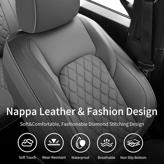Huidasource Fit for Gray Chevy Silverado/GMC Sierra Front Seat Covers, Thickened Perforated Nappa Leather Front Truck Seat Covers 2007-2026 1500, 2015-2026 2500HD 3500HD Crew Double Extended Cab