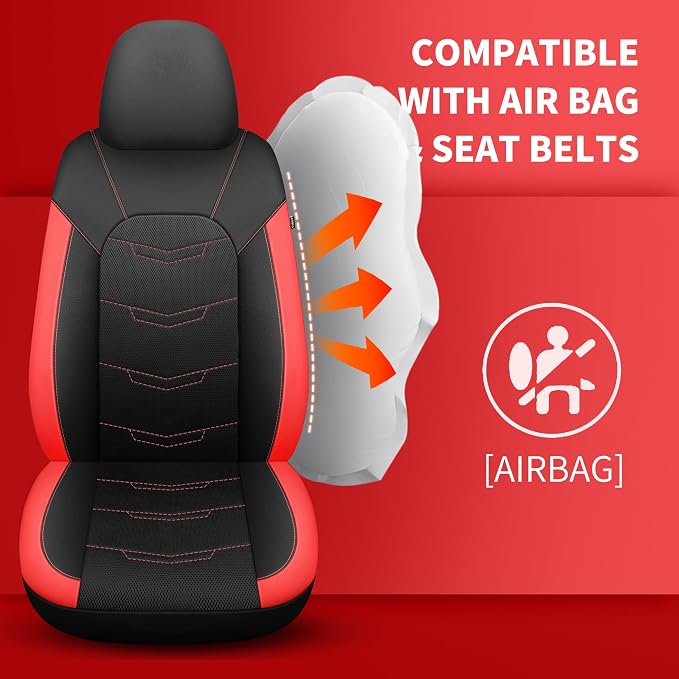 HChengkikz Car Seat Cover, Breathable and Sporty (Black + Red) | Leather, Universal Fit for Most SUVs, Cars, Sedans, Trucks, Airbag Compatible, Easy to Install